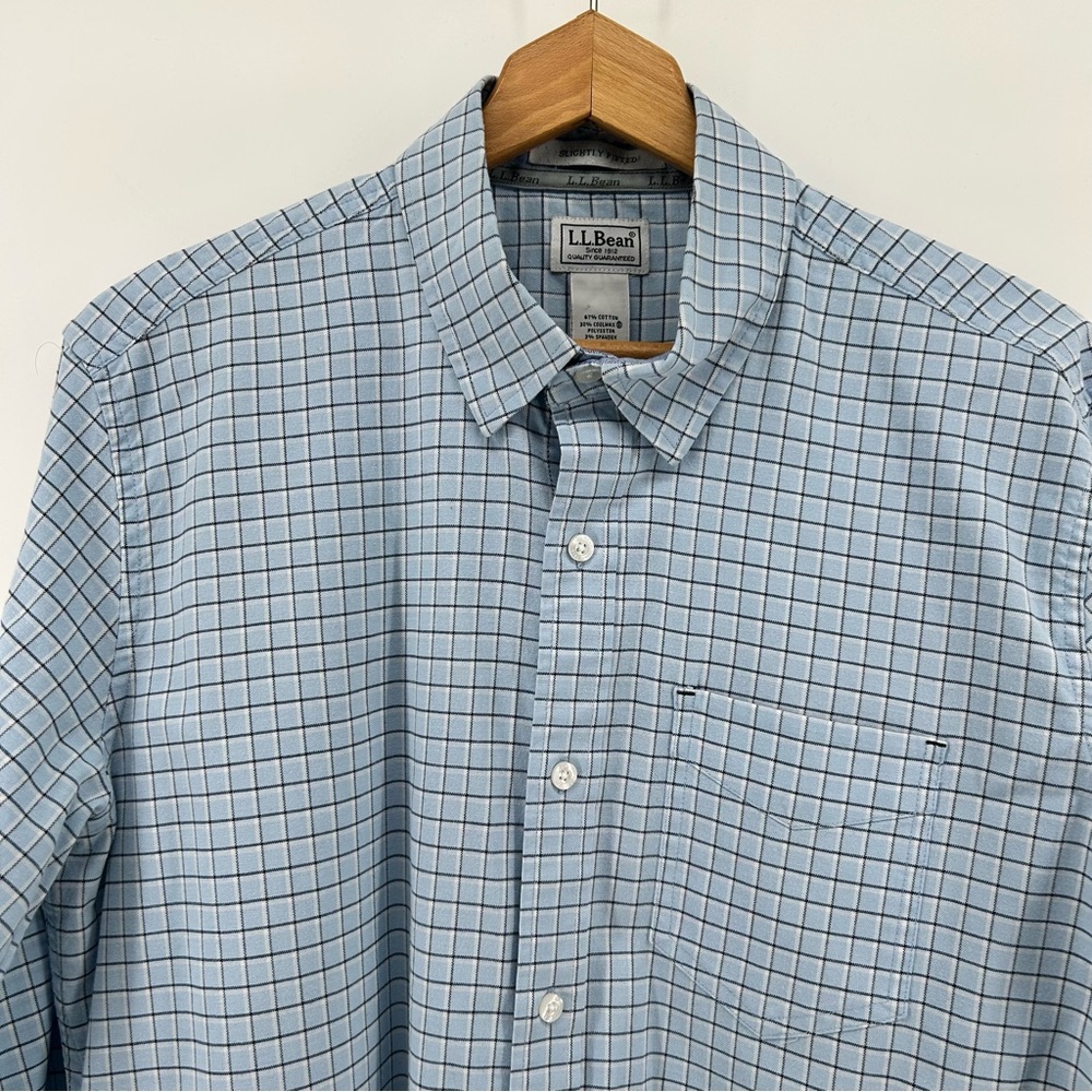 LL Bean Shirt Mens M Slightly Fitted Comfort Stretch Blue Check Heritage Preppy - Picture 2 of 8